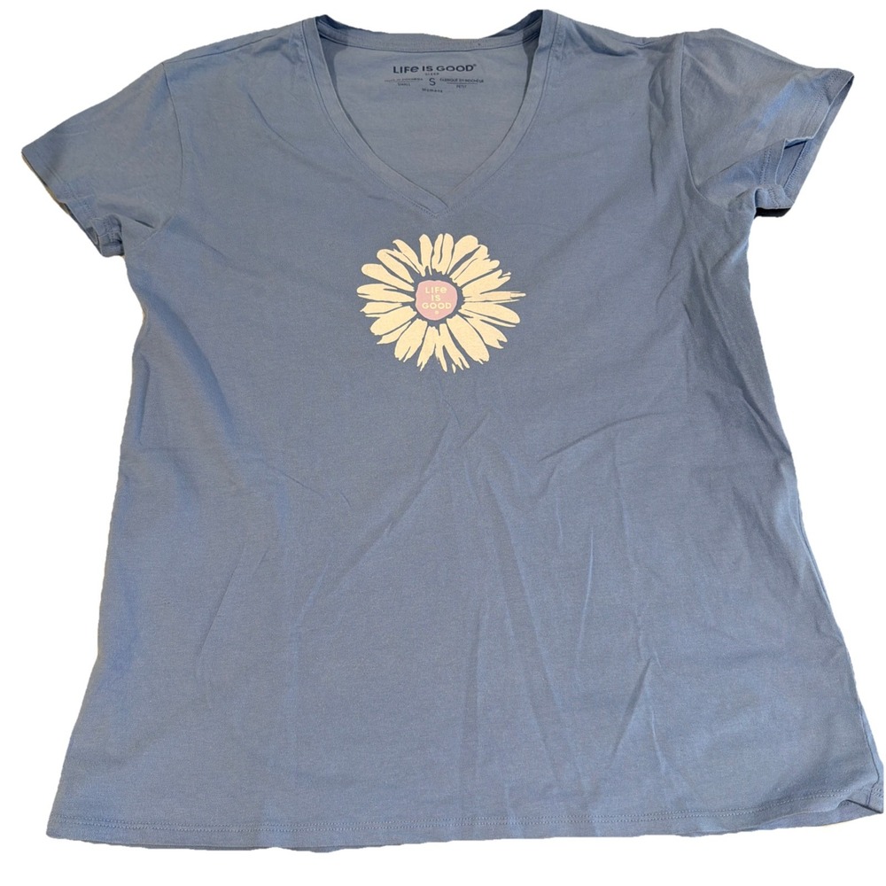 Life Is Good Women's V Neck Daisy Flower Graphic Blue Sleep T-Shirt Size Small